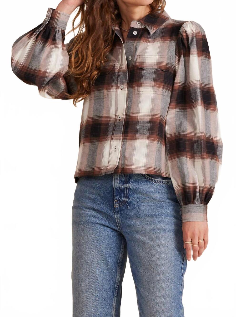 NEW BOBI crop puff sleeve shirt with pocket in brown plaid